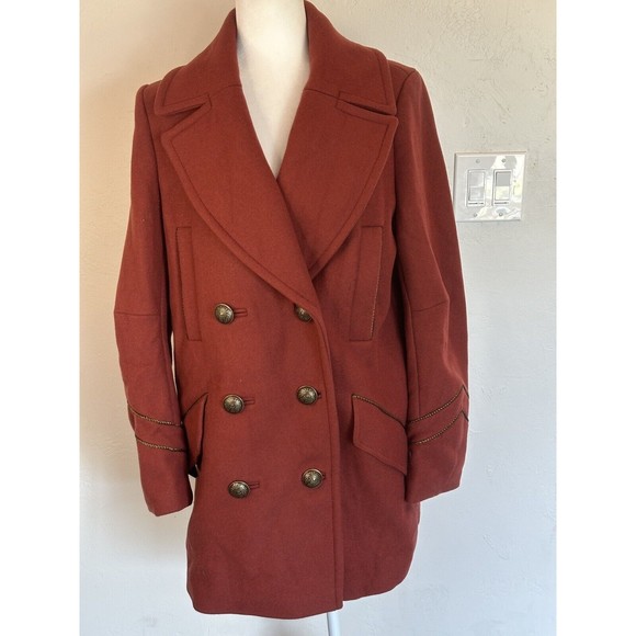 Free People Sedgwick Red Wool Peacoat Coat Double Breasted Size Medium AM1968